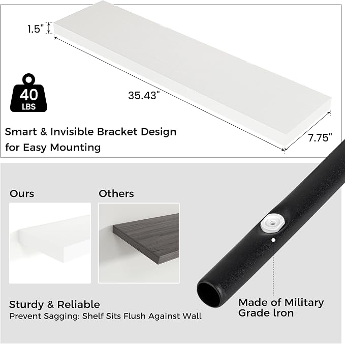 36" Wide x 8" Deep Floating Shelves for Wall, White Finish, 2-Pack | Engineered Wood Wall Shelves with Invisible Brackets for Living Room, Bedroom, Bathroom, Office & Kitchen Storage