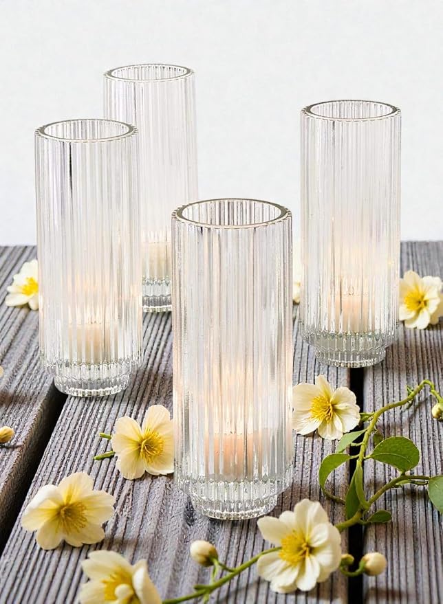 Serene Spaces Living Set of 4 Tall Clear Ribbed Glass Votive Holder, Perfect for Weddings and Home Décor, Measures 6.25" Tall and 2.25" Diameter