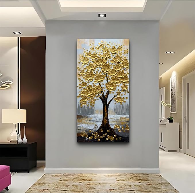 zoinart 3D Modern Oil Paintings, Gold Fortune Tree Painting, Abstract Vertical Canvas Wall Art, Floral Wall Painting for Dining Room Hallway Living Room Wall Decor 48x24 Inches