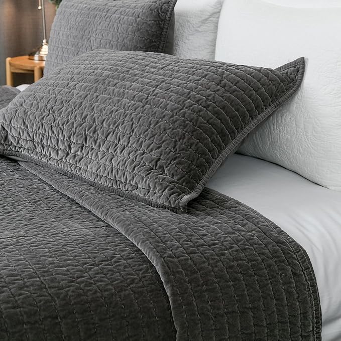 ELEGANT LIFE HOME Dark Gray Velvet Quilt Queen Reversible Royal Cotton Velvet Pic-Stitch Bedding Quilt - Queen - 88''x 92'', Grey