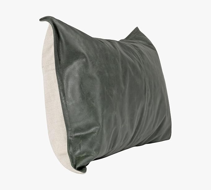 Genuine Leather Pillow Cover Case for Lumbar Throw Couch Pillows - Modern Farmhouse Decorative Sofa Thick & Soft Cushion Covers (Forest Green, 16" x 24")