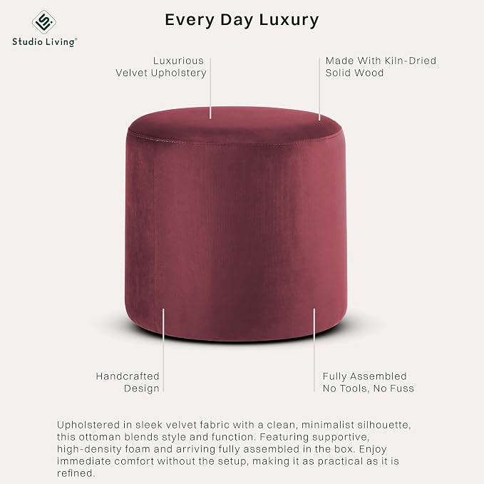 Studio Living® 19” Wentworth Ottoman Round Soft Velvet Bench, Stationary Ottomans, Backless Chair, Footrest for Living Room, Footstool Office, Bedroom, Padded Seat, Plum