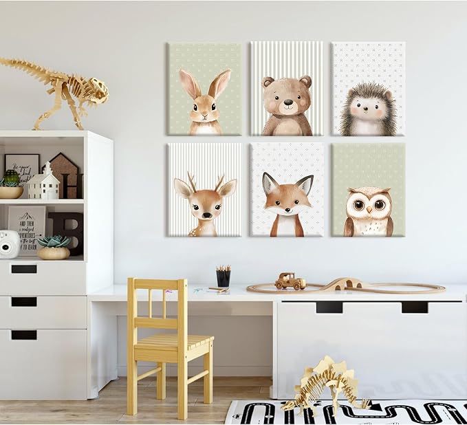 Woodland Animal Nursery Wall Art Baby Kids Canvas Poster Safari Animal Wall Decor Jungle Forest Prints Bear Fox Deer Pictures Sage Green Painting Neutral Artwork for Bedroom 8x10x6 Inch Ready to Hang