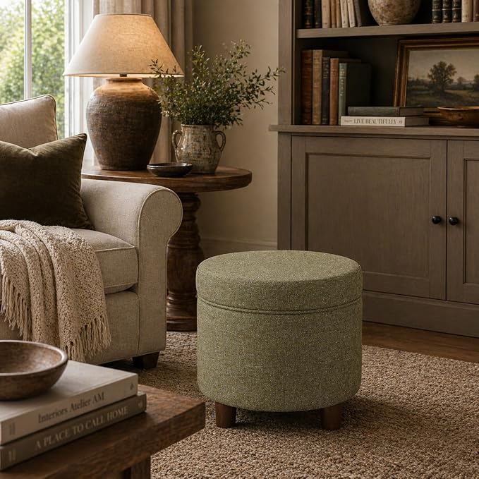HomePop 19" Round Storage Ottoman - Green Tweed