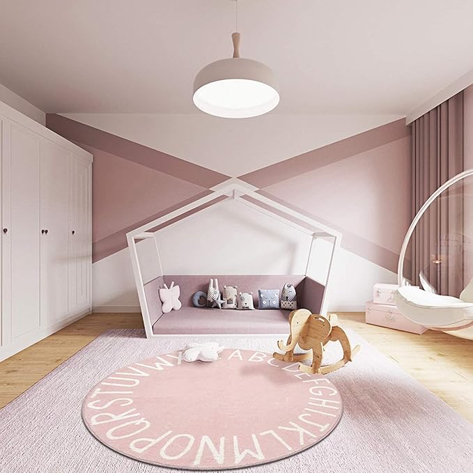 Topotdor Round Kids Play Rug Alphabet Nursery Area Rug Extra Large Soft Crawling Play Mat for Children Toddlers Bedroom (47 inch, Pink)
