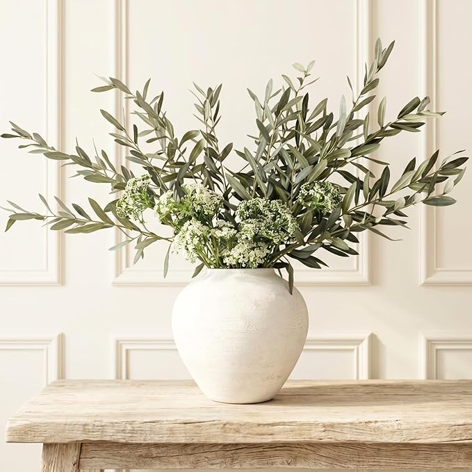 RyddeligHome Faux Arrangement - Olive & White Berry, Realistic Artificial Greenery Stems for Vase, Winter Floral Arrangement for Farmhouse Home Decor, Christmas Table Centerpiece Decor