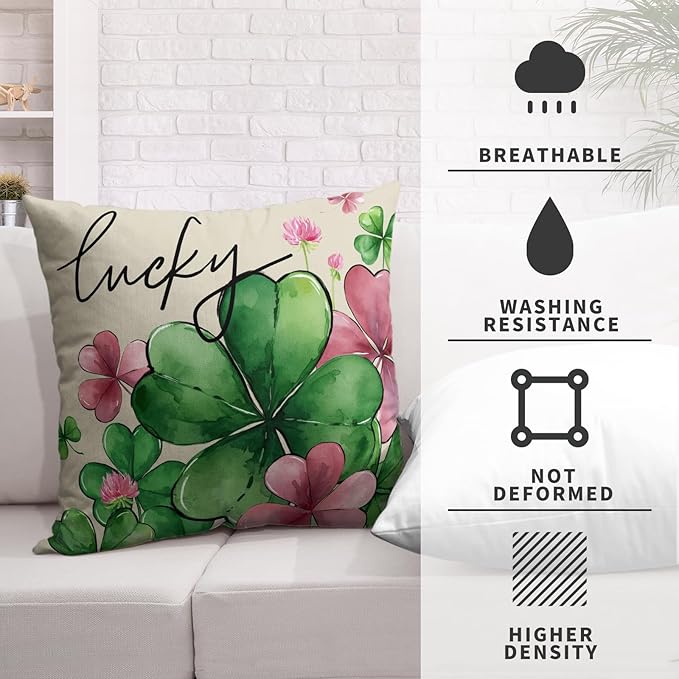 2 Pack Saint Patricks Day Pillow Covers 22x22 Lucky Charms Square Cotton Linen Pillow Cases Shamrock Clover Vase Throw Pillow Covers for Home Bed Couch St Patricks Day Decor