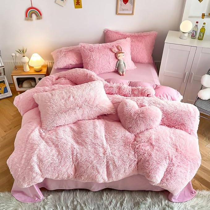 chovy Faux Fur Plush Light Pink Comforter Sets King - Ultra Soft Shaggy Flannel Velvet Fluffy Fuzzy 3PC Bedding Set （Comforter x 1 Pillowcases x 2）
