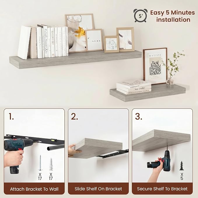 Vivelove 12" Deep Floating Shelves for Wall 55" Long, Wall Shelves for Living Room Bedroom Bathroom Kitchen Laundry Room, Farmhouse Rustic Shelves for Home Decor, 55" X 12" X 2" Set of 2, Grey