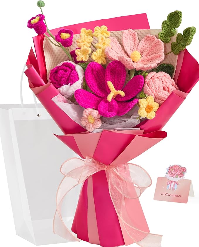 Alecono Crochet Flower Bouquet, Hot Pink Knitted Flowers, Crochet Tulips Flower for Lover Anniversary Birthday Party Mother's Day Graduation Gifts (Include Card)