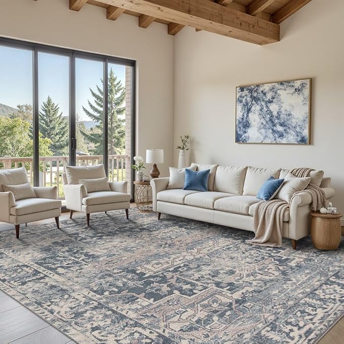 Rugxara 8x10 Area Rugs for Living Room Bedroom, Large Washable Rug, Blue Vintage Retro Boho Rug, Non Slip & Low Pile Faux Wool Thin Carpet for Indoor Dining Room and Kids Room(Blue 8x10ft)