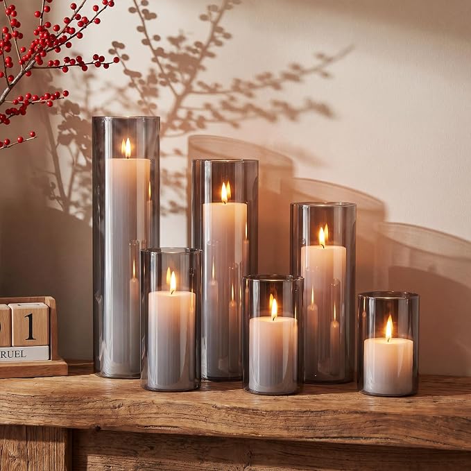 Shihanee Set of 6 Pillar Candles and Glass Cylinder Vases Assorted Sizes Cylinder Holders for Pillar Candles Home Table Centerpieces Wedding Party Decorations (White,Smoky Black)