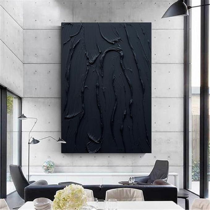 zoinart Hand Painted Pure Black Wall Art Minimalist Oil Painting 24x36 Inches Vertical Thick Textured Wall Art Home Office Decoration