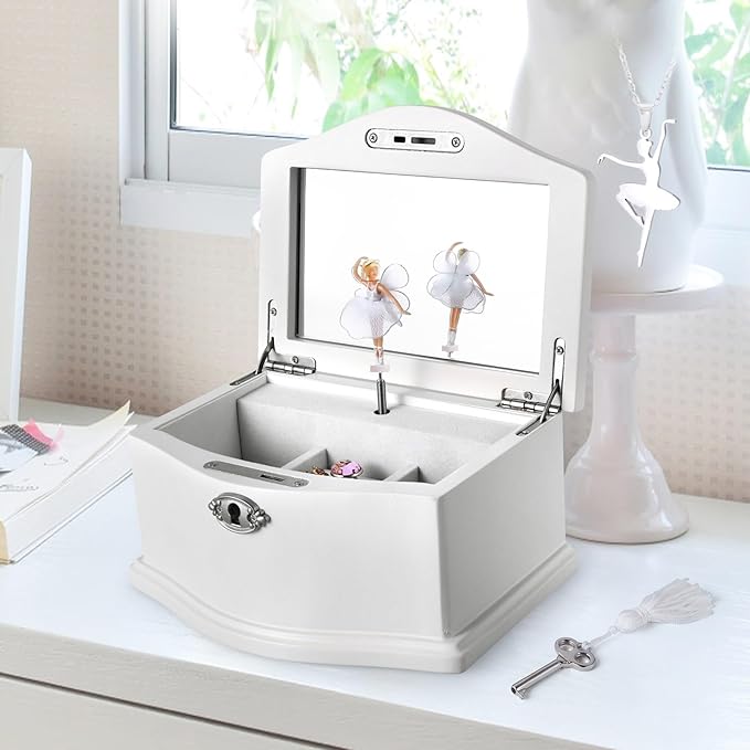 Wooden Ballerina Medium White Musical Jewelry Box with Mirror and Lock for girls，Kid's Jewelry Storage Music Box,Gifts for Christmas,Birthday and all Holidays