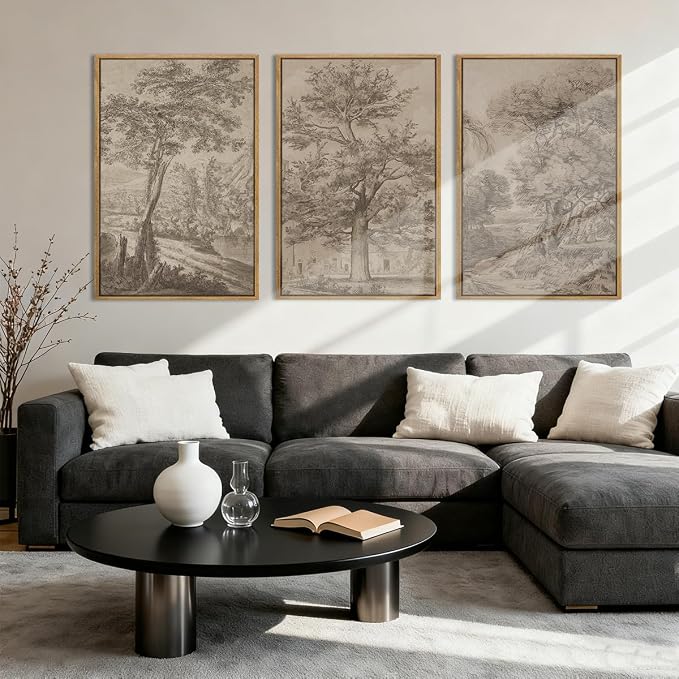 Extra Large Wall Art Framed Vintage Tree Sketch Antique Botanical Forest Prints Rustic Farmhouse Nature Decor for Living Room Bedroom Office 24"x36" Set of 3