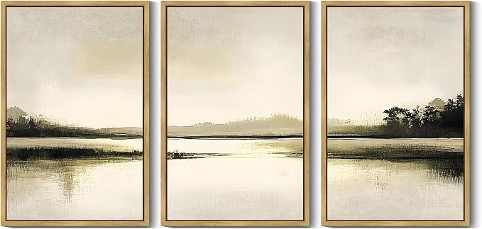 PHOPAGO Abstract Lake Landscape Framed Wall Art Huge 24x36in Watercolor Nature Wilderness Paints Nordic Neutral Tan Illustration Decorative - Natural Framed