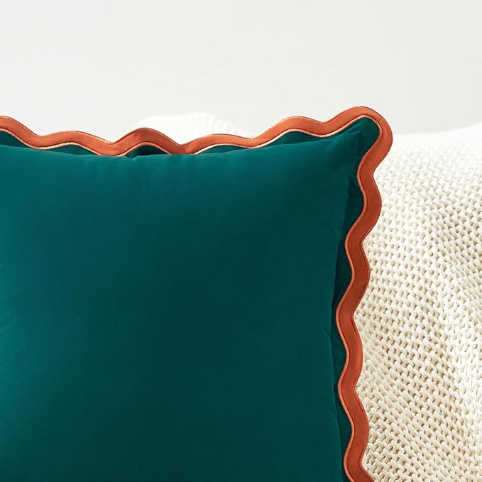 MONDAY MOOSE Decorative Throw Pillow Covers Cushion Cases, Set of 2 Soft Velvet Scalloped Wavy Edge Designs, Mix and Match for Home Decor, Pillow Inserts Not Included (18x18 inch, Coral/Dark Teal)