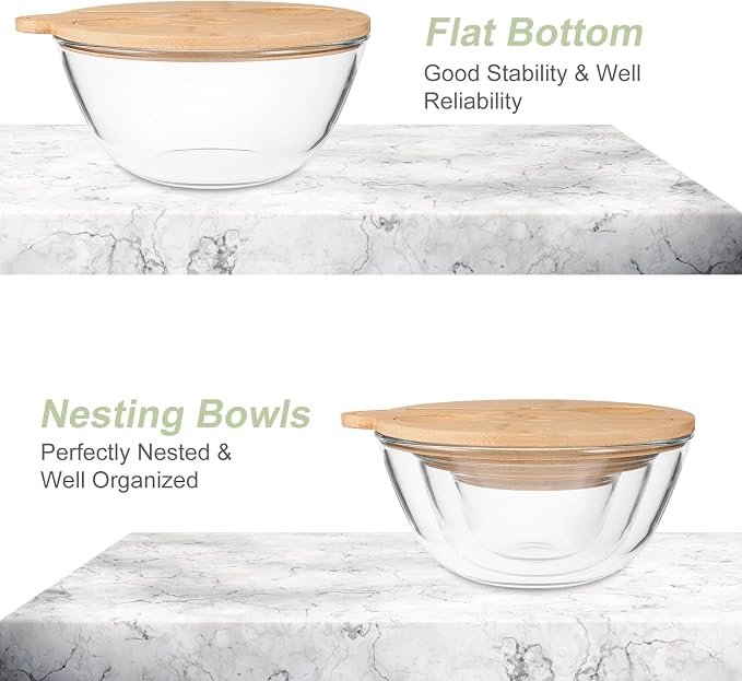 JOYMAY Glass Salad Bowls, Set of 3 Glass Bowls with Bamboo Lids Large Serving Bowl for Salad, Pasta, Desserts, W/Bamboo Utensils Salad Fruit Nesting Bowl for Cooking,Baking,Prepping,Serving & Storage