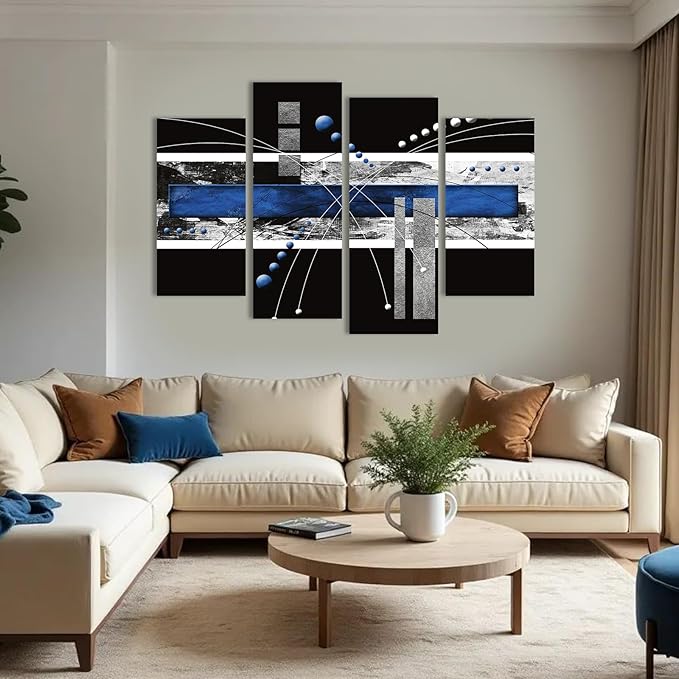 1 KINGO Black Blue Canvas Wall Art - 4 Piece Modern Abstract Painting for Office, Living Room & Bedroom Decor, Contemporary Home Art Print, Large Blue and Gray Wall Decor (16"x32"x2, 16"x 42"x2)