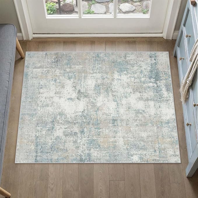 2x3 Washable Area Rug Blue Cream Abstract Non Slip Soft Low Pile Small Rug for Entryway Kitchen Bathroom Neutral Modern Throw Carpet for Living Room Bedroom Home Decor