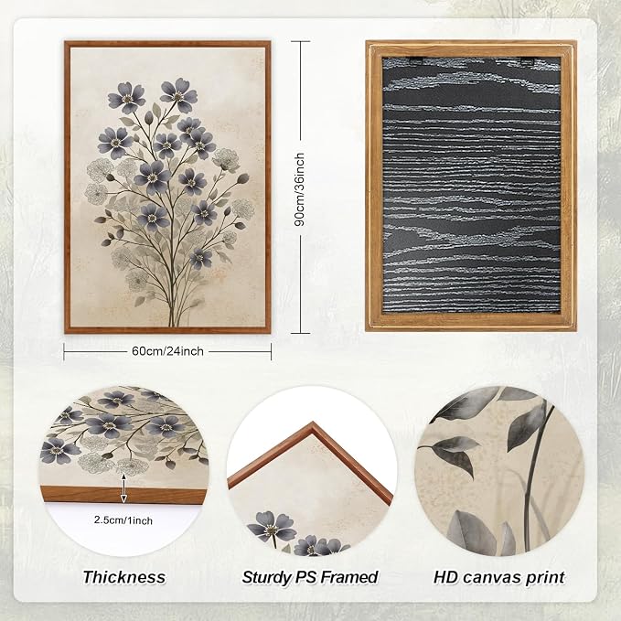 LHIUEM Vintage Flower Framed Canvas Wall Art,Boho Botanical Wall Decor,Rustic Beige Floral Painting,Nature Wildflower Artwork for Living Room,Bedroom,Dining Room,Farmhouse -24"x36"x3