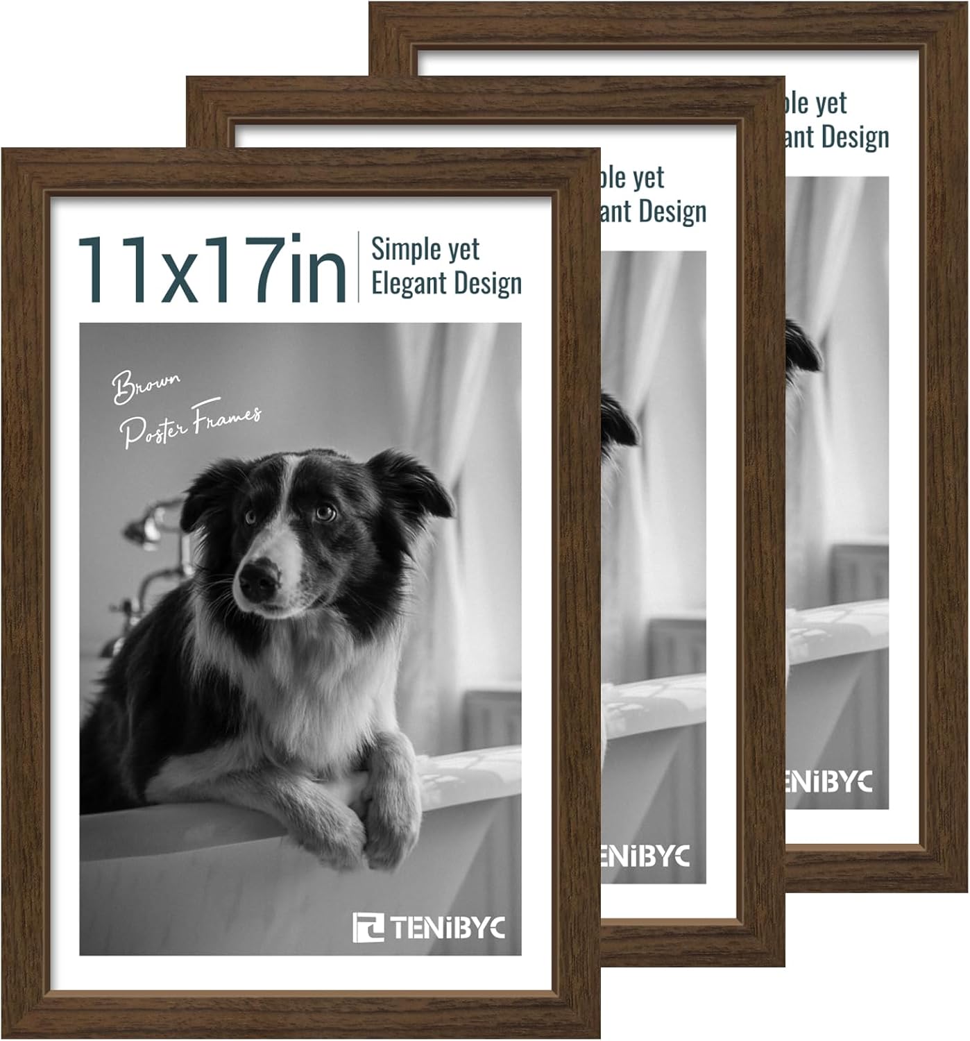 11x17 Picture Frame 3 Pack - Brown Woodgrain, Wood Photo Frame, HD Tempered Glass, Wall Gallery Poster Frame