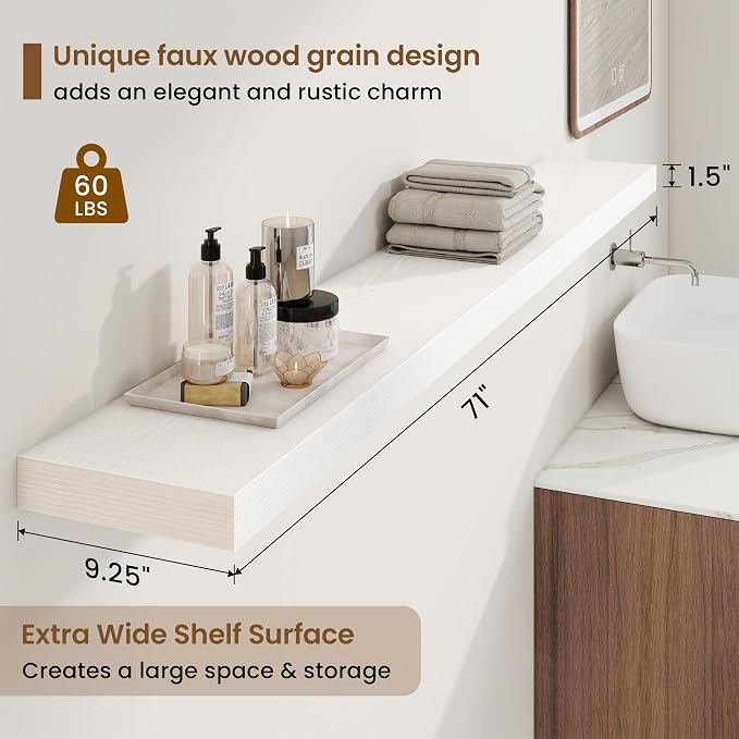 Marsmiles 55in Floating Shelves for Wall, 72" W x 9.25" D x 1.5" H, Long Wall Mounted Engineered Wood Shelves with Invisible Brackets for Living Room, Bedroom, Bathroom, Kitchen, White, 2Pcs