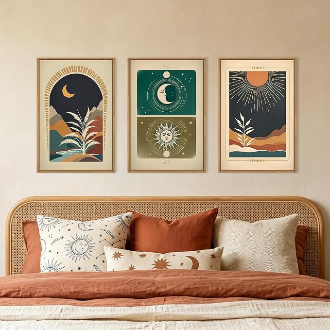 KAIRNE Moody Sun and Moon Framed Canvas Wall Art Set,Boho Desert Botanical Wall Decor,Abstract Vintage Black Art Prints,Retro Southwestern Artwork for Living Room,Bedroom,Farmhouse,Office-16 x24 x3