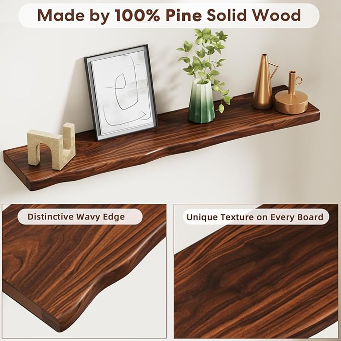 Floating Shelves for Wall Rustic Farmhouse 36 Inch Floating Shelf Bathroom Wooden Shelves for Wall Mounted Live Edge Pine Shelf with Unique Natural Grain for Living Room Bedroom Kitchen (Walnut)
