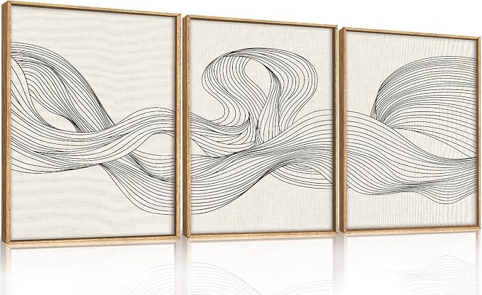 HPNIUB Large Neutral Abstract Framed Canvas Wall Art,Textured Beige Minimalist Wall Decor,Black Line Wave Art Prints,Boho Modern Geometric Artwork for Living Room, Bedroom, Office -12"x16"x3