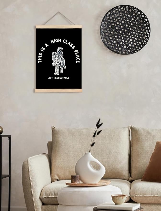 Foritho Funny Black Western Cowboy Poster Wall Art Framed, This Is A High Class Place Act Respectable Vintage Cowboy Southwestern Ranch Canvas Prints Wall Decor for Home Room Bar Man Cave, 12x16 Inch