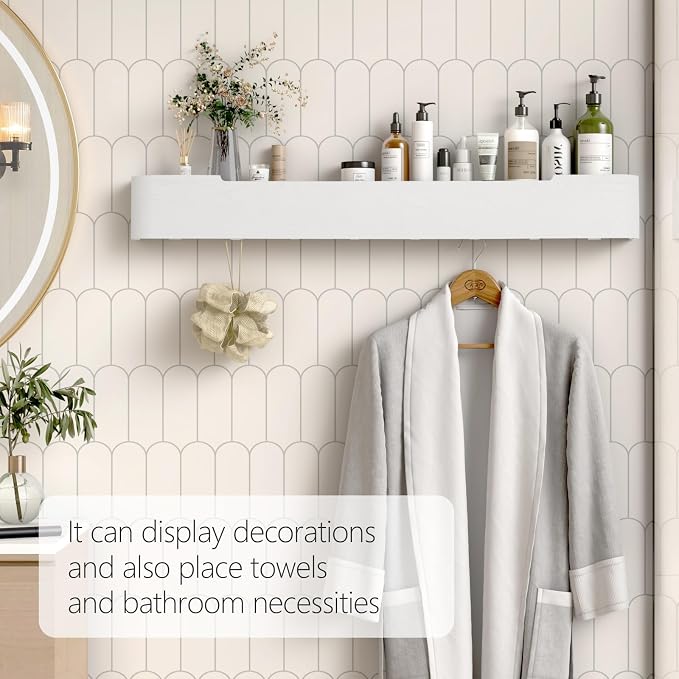 Coat Rack Wall Mount with Shelf 8 Hidden Hooks Modern Wooden Key Holder Entryway Organizer for Hallway Bedroom Bathroom Home Decor Storage for Hanging Coats Hats Bags Towels, White