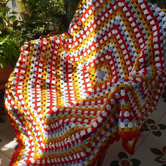 Handmade Crochet Granny Square Throw Blanket Sweater Style,Crochet Quilt,Multicolor Boho Travel Accent Throw for Sofa Comforter Couch Bed Recliner Living Room Bedroom Decor 43" x43" (A)
