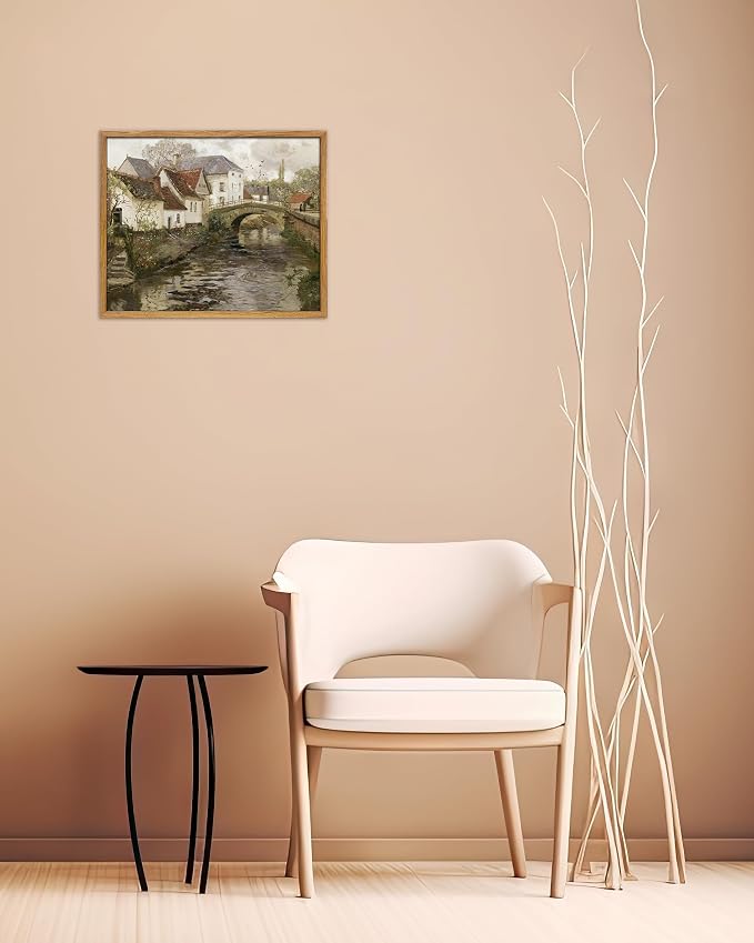 UPWOIGH 12x16 Framed Belgian Village Wall Art | Country Oil Painting Style, European Canal Scene, Moody Autumn Décor, Rustic Farmhouse Artwork