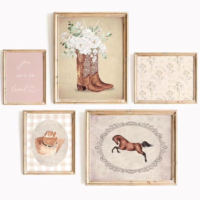 Tocliky Cowgirl Nursery Wall Art Coquette Western Girl Poster Vintage Horse Floral Canvas Pictures Aesthetic Pink Preppy Room Wall Decor Rustic Cowgirl Prints for Girls Bedroom 8x10x5 Inch Unframed