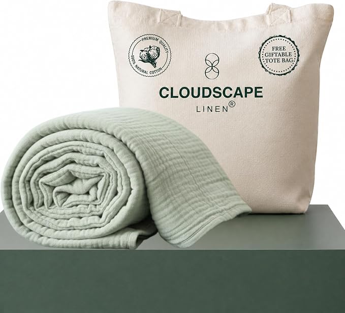 CLOUDSCAPE 4 Layer Muslin Blanket for Adults - 100% Cotton Throw Blanket - 50"x70" Oversized Gauze Throw for Sofa, Couch - Soft Lightweight Breathable Muslin Cotton Throws for Summer - Sea Foam