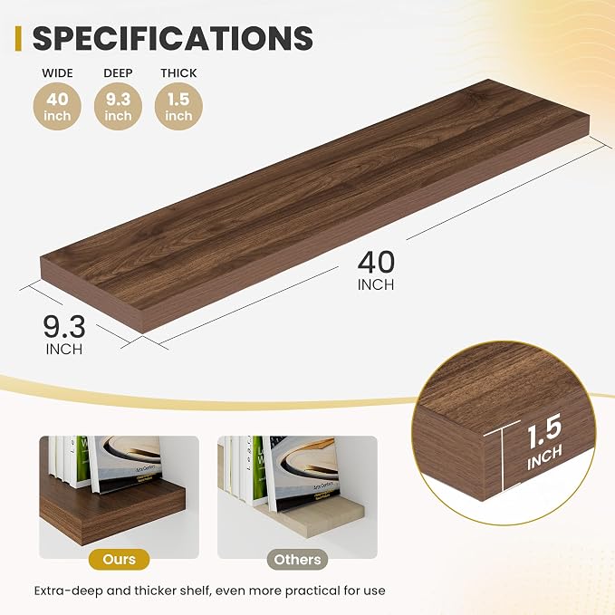 Acovy 40 Inch Floating Shelves, 9.3" Deep Floating Shelf Wall Mounted, 40" Wall Shelves, Rustic Deep Bookshelf, Large Display Shelves & Storage Shelves for Bedroom, Living Room, Walnut, Set of 2