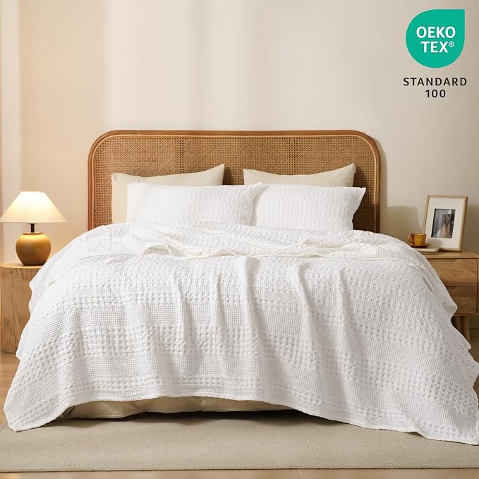 PHF 100% Cotton Waffle Blanket King Size for Bed, Lightweight Breathable and Soft for Summer, Luxury Aesthetic Waffle Weave Blanket for Home Decor & Gifts for Women, 108"x90", White
