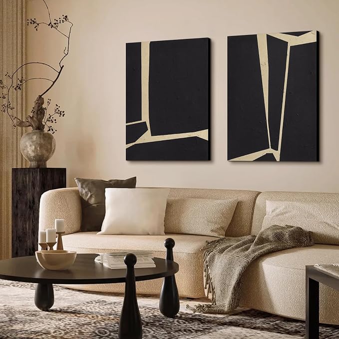Large Modern Abstract Black Vertical Wall Art for Living Room, Set of 2 | Hand‑Painted Oil Painting with Matte Finish, Diptych Minimalist Canvas Artwork for Bedroom, Neutral Wall Decor, 28x40" Each