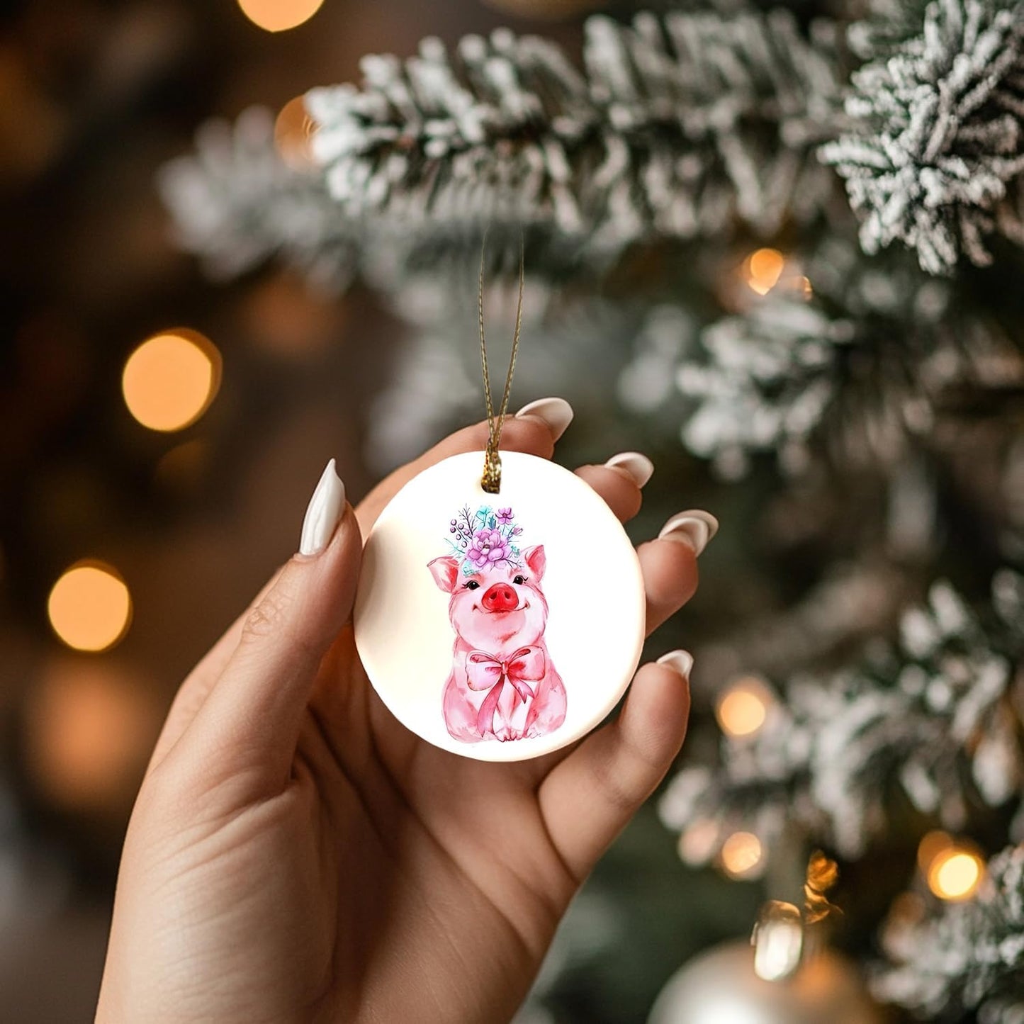 Pink Pig Ornament, Pig Gifts for Pig Lovers Women, Pink Coquette Bow Floral Pig Ceramic Ornaments, Pig Decorative Hanging Ornament