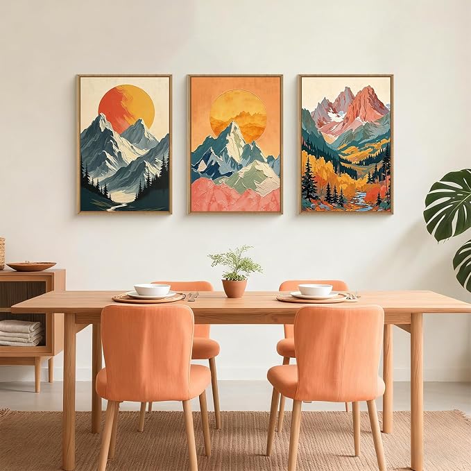 HPNIUB Boho Sunrise Mountain Framed Wall Art Set,Modern Abstract Forest Wall Decor,Colorful Sun Scenery Nature Woodland Printing,Grassland River Artwork for Living Room, Bedroom,Office-16''x24''x3