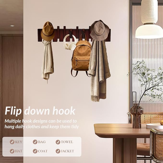 Piano Coat Rack 10-Hooks Wall Mounted Wooden Coat Rack Flip Down Wooden Wall Hooks Piano Coat Rack Wall Mount Wood Wall Hooks Heavy Duty