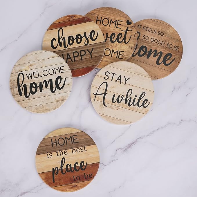 Adorever Coasters for Drinks Absorbent with Holder, 6 Pcs Ceramic Rustic Farmhouse Drink Coasters for Coffee Table Tabletop Protection, Housewarming Gift New Home Decor