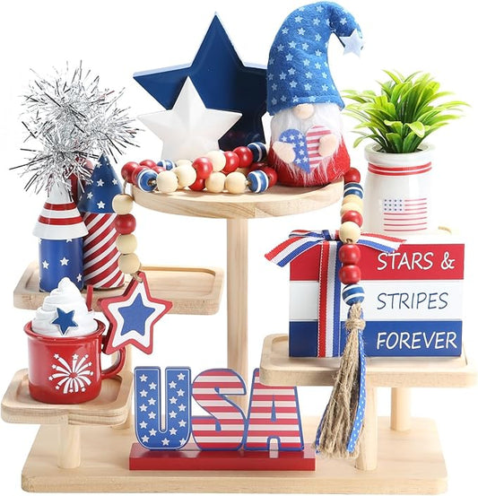 4th of July Decorations 8 Pcs Tiered Tray Decor, Patriotic Memorial Day Independence Day Decorations for Home Office Indoor, Fourth of July Table Centerpiece Shelf Mantel Red White and Blue Decor Sign