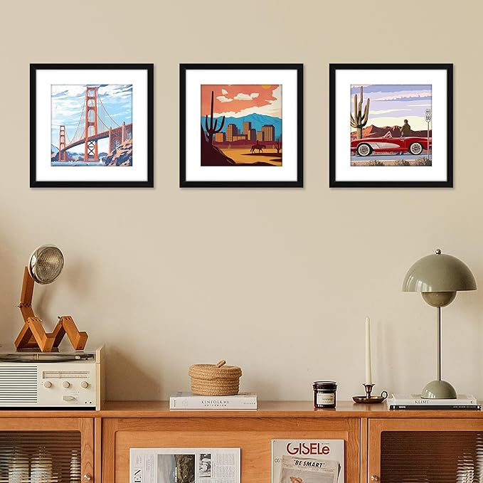 FIXSMITH 12x12 Picture Frame Set of 4, Photo Frame with HD Plexiglass, Display Pictures 8x8 with Mat or 12x12 Without Mat, Black Picture Frames Collage Wall Decor, Gallary Wall Frame