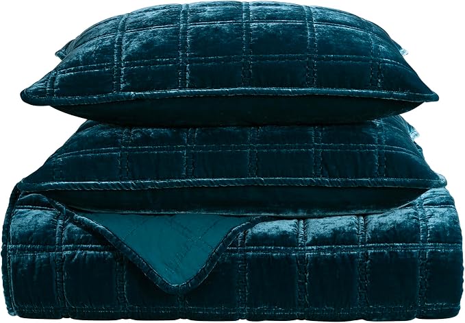 HiEnd Accent Stella Faux Silk Velvet Double Box Stitch 3 Piece Quilt Set, Queen Size, Teal Solid Color, Classic Chic Modern Rustic Elegant Bedding Set, Lightweight Bed Set