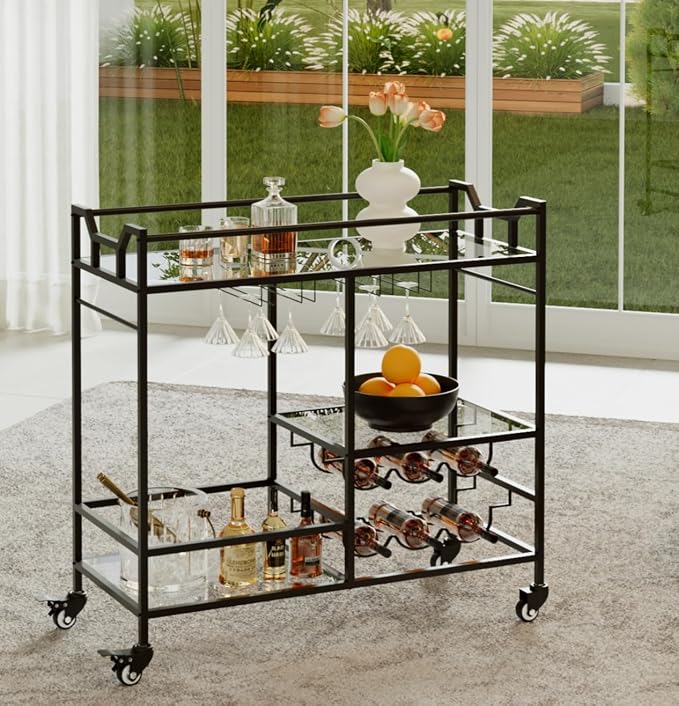 Black Bar Cart, Home Bar Serving Cart with Handle, Wine Cart with 3-Tier Glass Shelves, Beverage Cart with Wine Rack and Glass Holder, Bar Carts for The Home, Dining Room