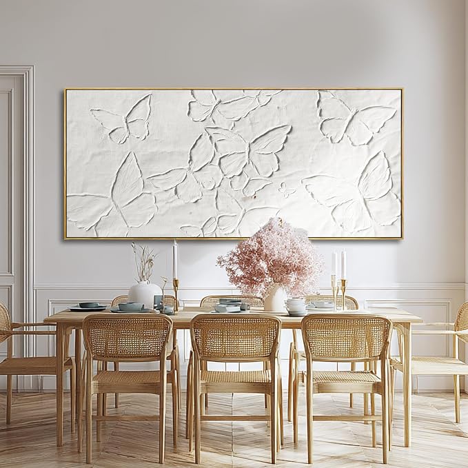 Hand-painted Butterfly Canvas Wall Art, 32x70 Inch White Abstract Framed Artwork for Living Room Decor