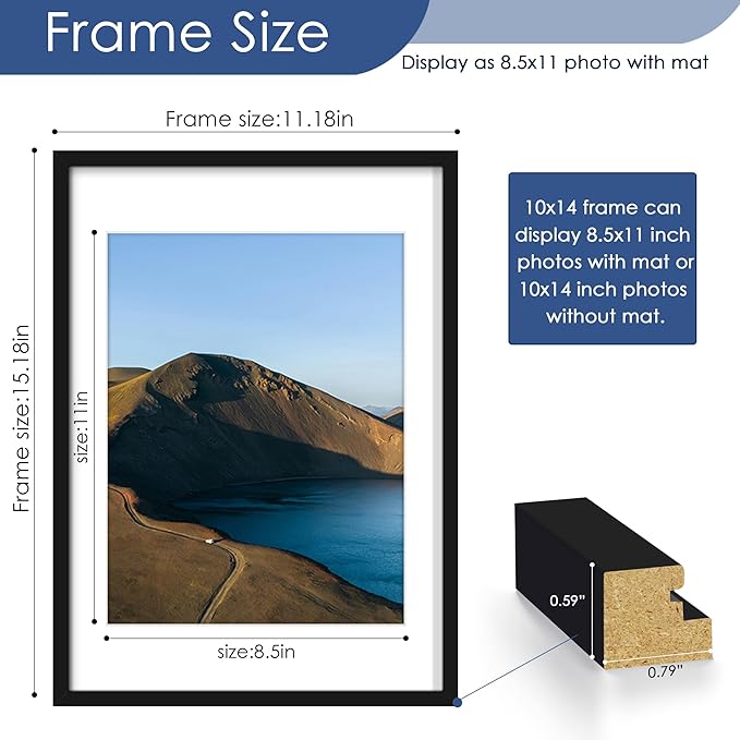PEALSN 10x14 Picture Frame Set of 6, Display Pictures 8.5 x 11 with Mat or 10 x 14 without Mat for Wall Mounting Display, Photo Frames Collage for Wall Decor, Black.