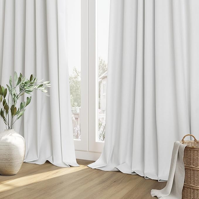Guken White 100% Blackout Linen Curtains 52 Inch Wide by 64 Inch for Living Room Bedroom Back Tab Thermal Insulated Black Out Linen 2 Drapes Room Darkening Window Curtains